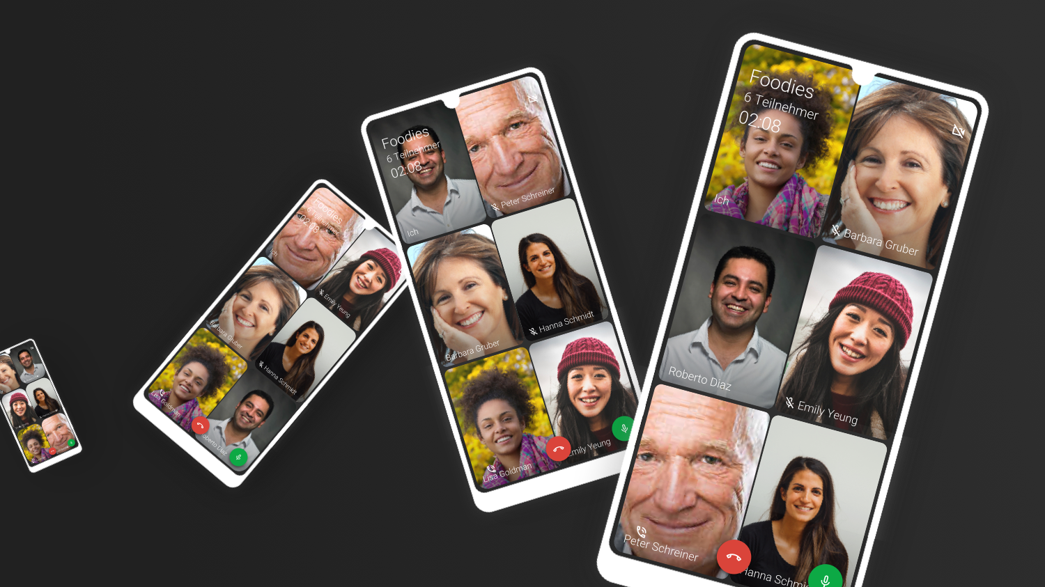 Angled smartphone screens on dark background displaying a six-person video call interface labeled 'Foodies'.